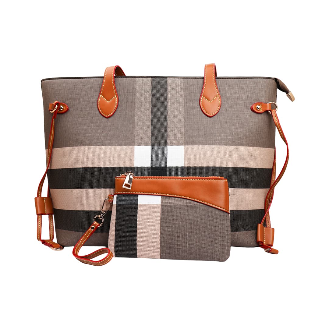 Women Check Pattern Large Tote Shoulder Bag + ( Dark Birch Brown Colour )