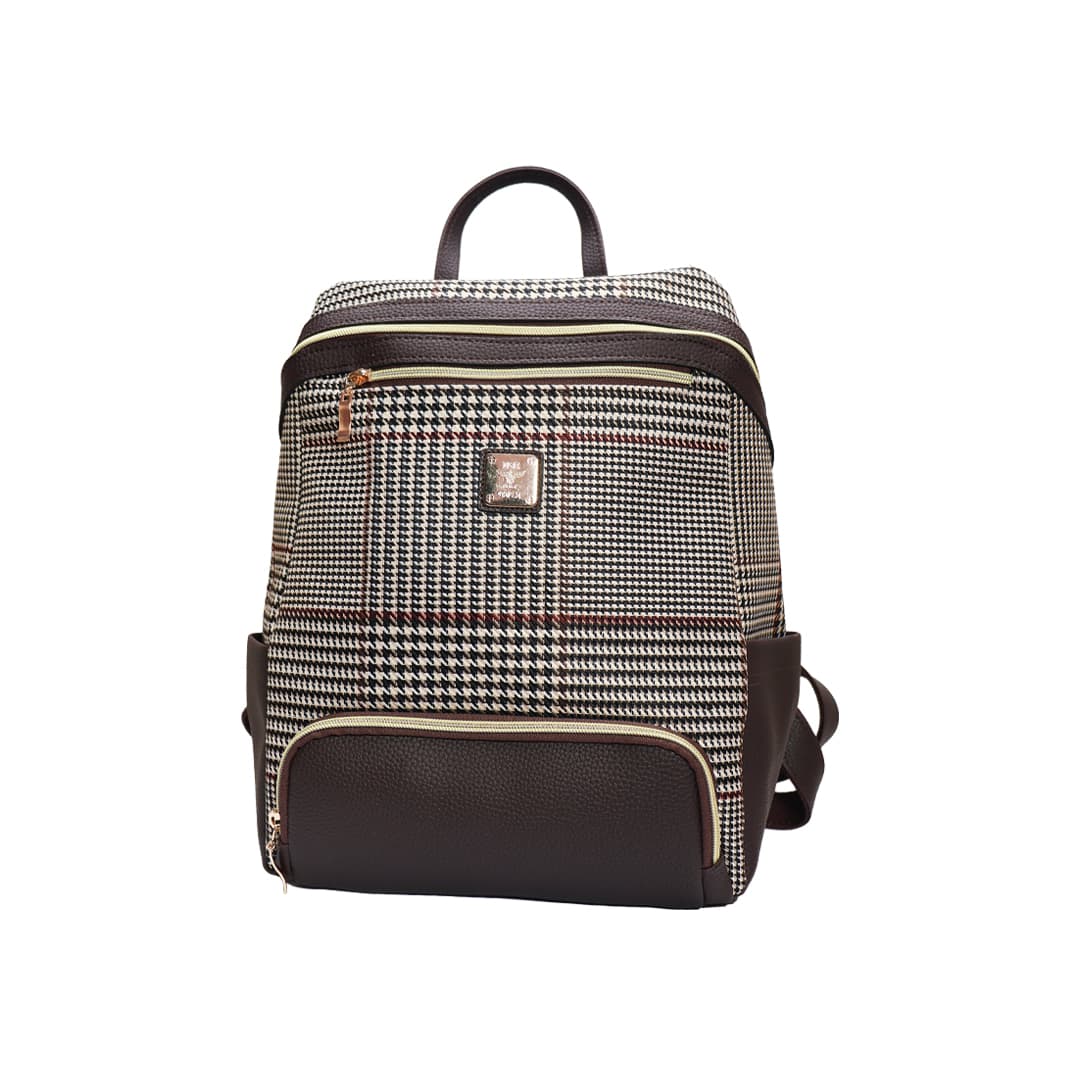 Women Check Pattern Leather Backpack Bag
