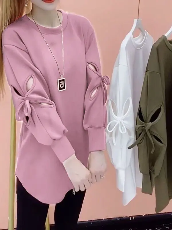 Women's Korean Style Thin Bow Tie Long Sleeve Sweatshirt